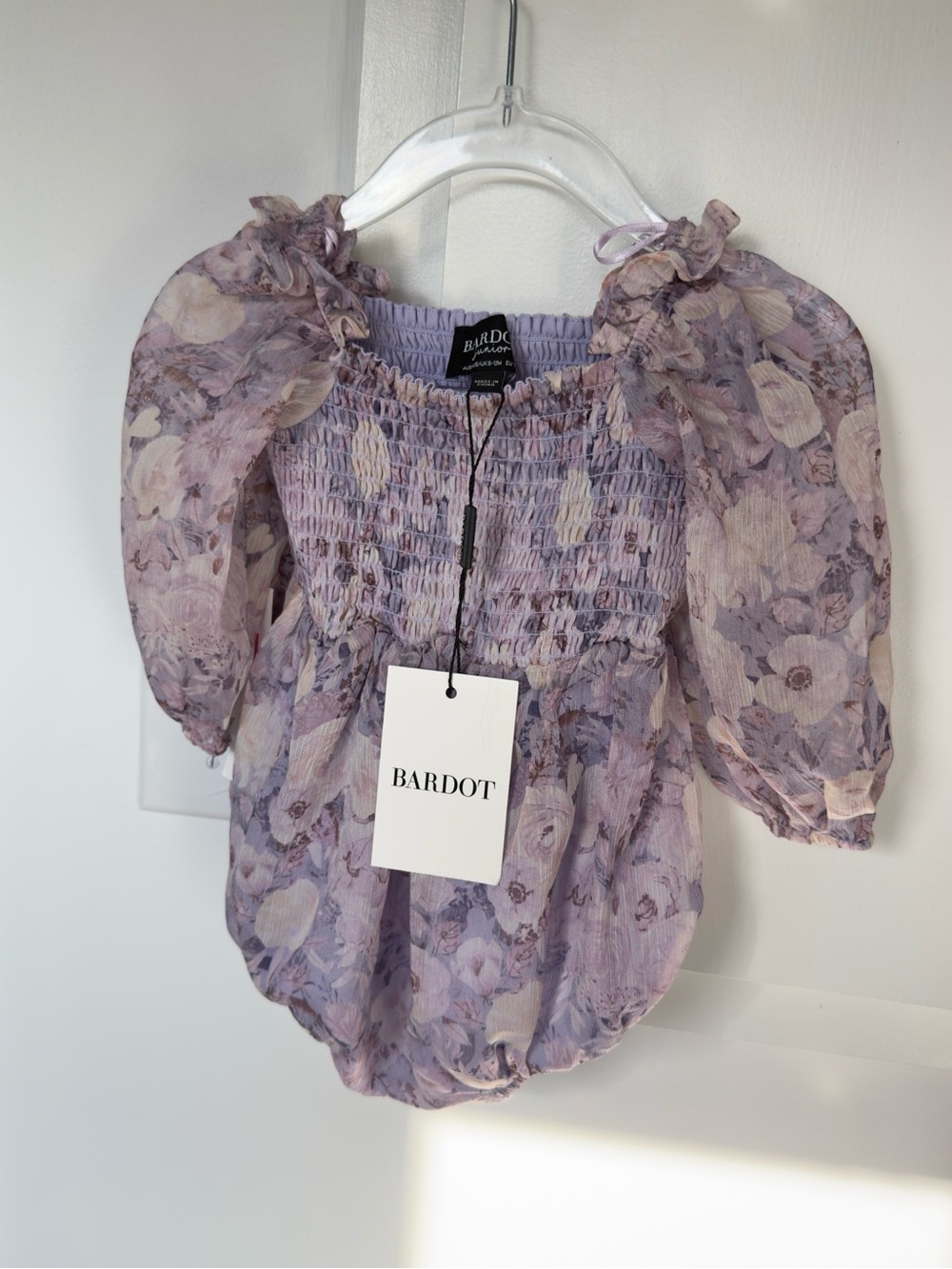 NWT- BARDOT Lilac Floral Smocked Puff-Sleeve Top Baby Size 6-12 Months